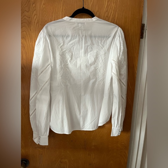 Amour Vert Angelique white embroidered button down collarless poplin blouse XL - Picture 12 of 13